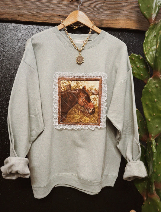 PATCHWORK PONY CREWNECK - SAGE / LARGE