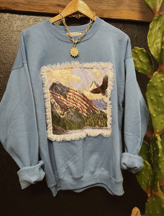 PATCHWORK PONY CREWNECK - DENIM / LARGE