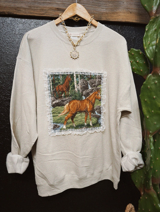 PATCHWORK PONY CREWNECK - KHAKI / LARGE