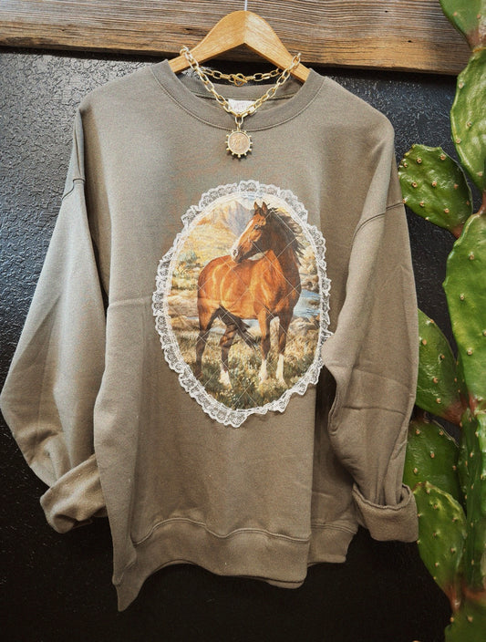 PATCHWORK PONY CREWNECK - OLIVE / LARGE