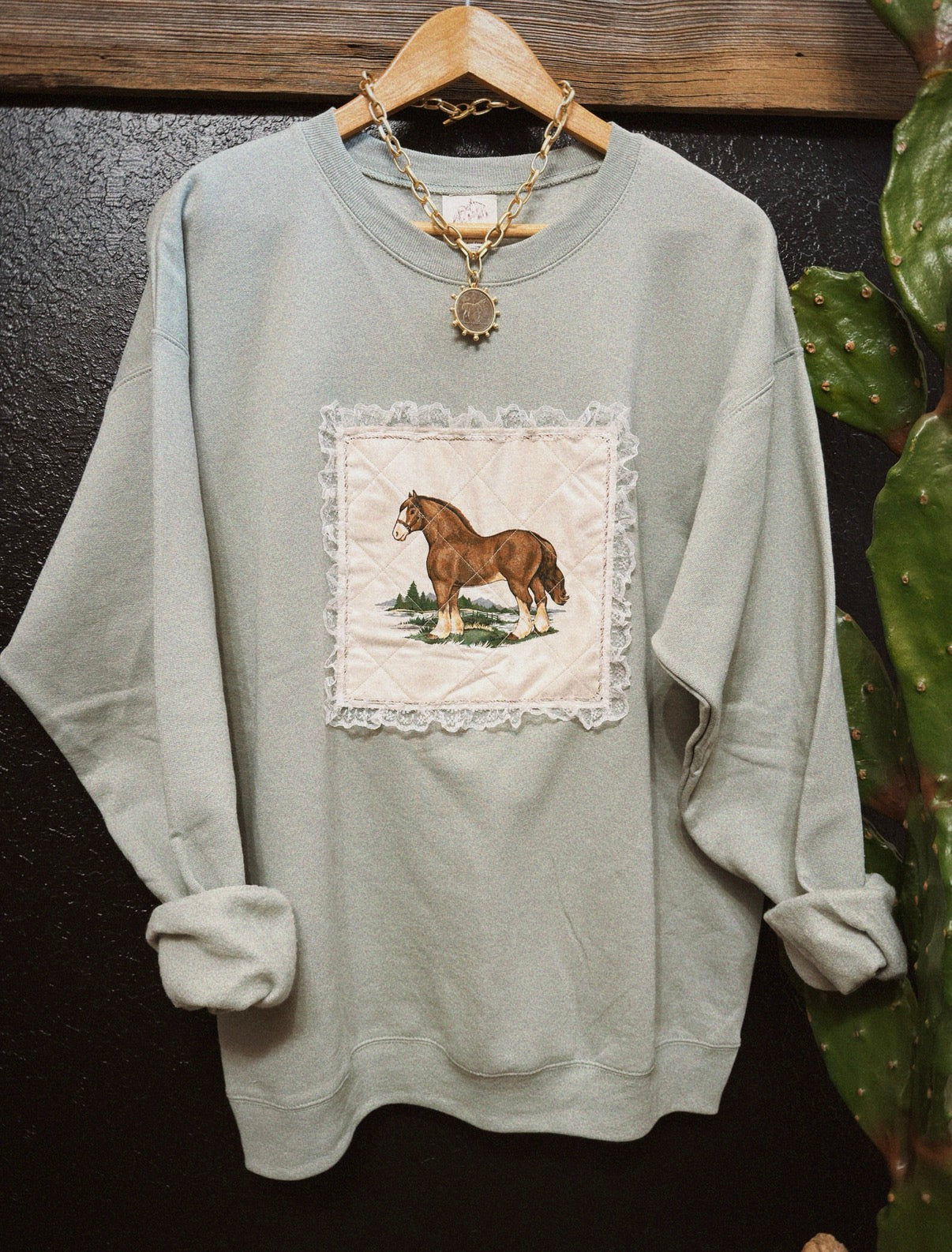 PATCHWORK PONY CREWNECK - SAGE / LARGE