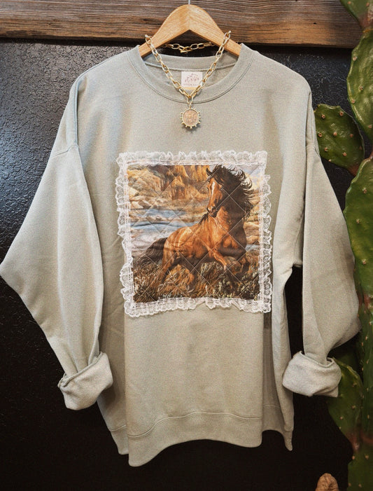 PATCHWORK PONY CREWNECK - SAGE / XLARGE
